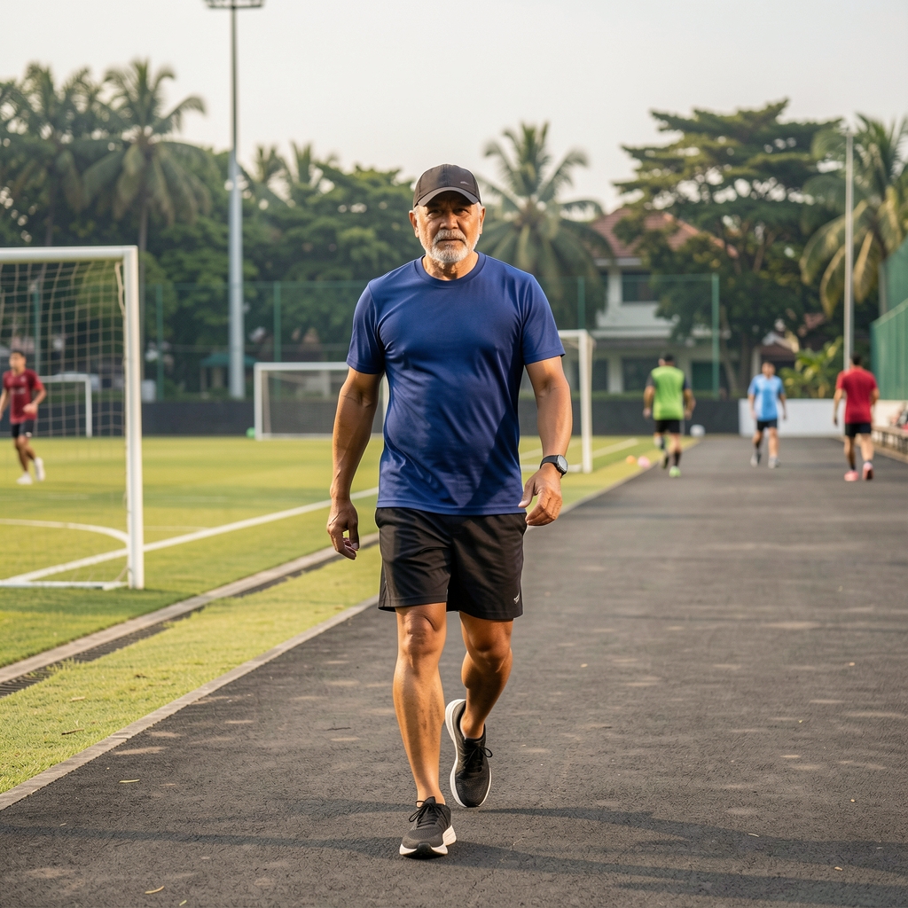 Mature recreational athlete walking through a Jakarta sports field after a morning session