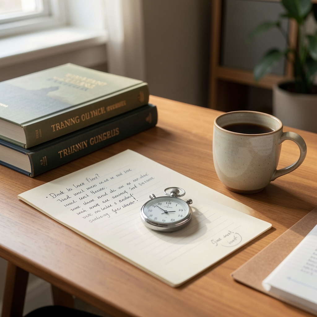 Editorial desk with training books, handwritten notes, stopwatch, and a ceramic coffee cup