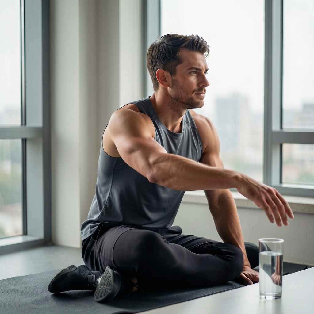Athlete stretching calmly beside a window after training with a glass of water nearby