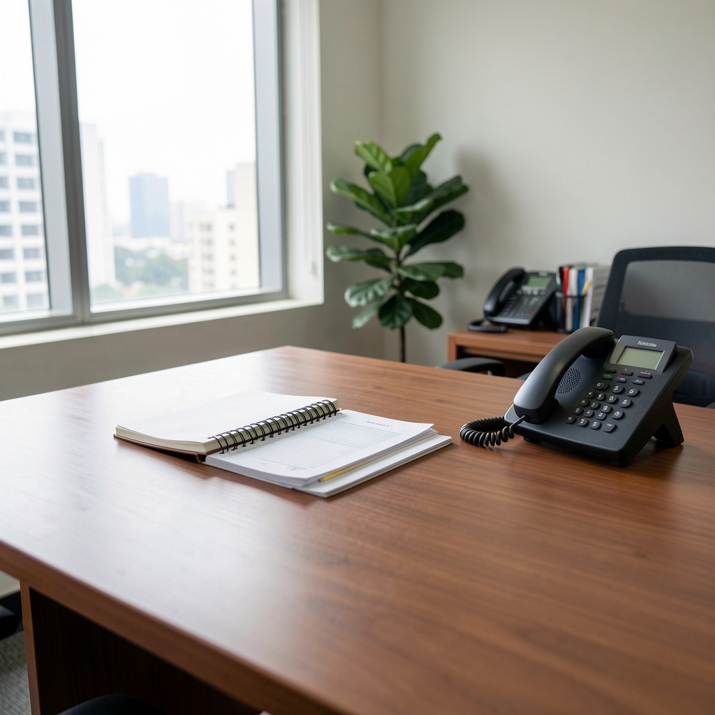 Quiet editorial office in Jakarta with desk, notebook, and telephone ready for correspondence