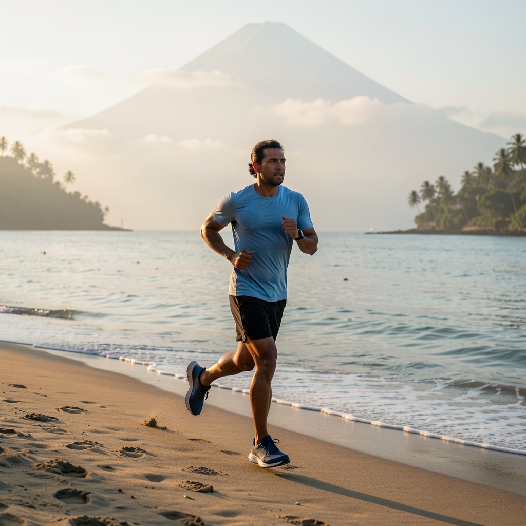 Endurance athlete running beside a calm Indonesian coastline in early morning light