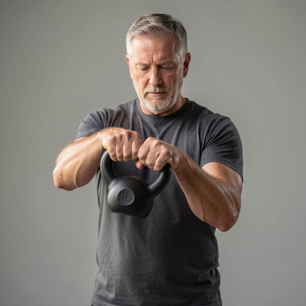 Mature man lifting a moderate kettlebell with precise technique in a quiet studio