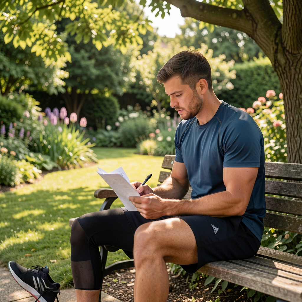 Athlete sitting on a bench after training, reviewing notes in a peaceful shaded garden