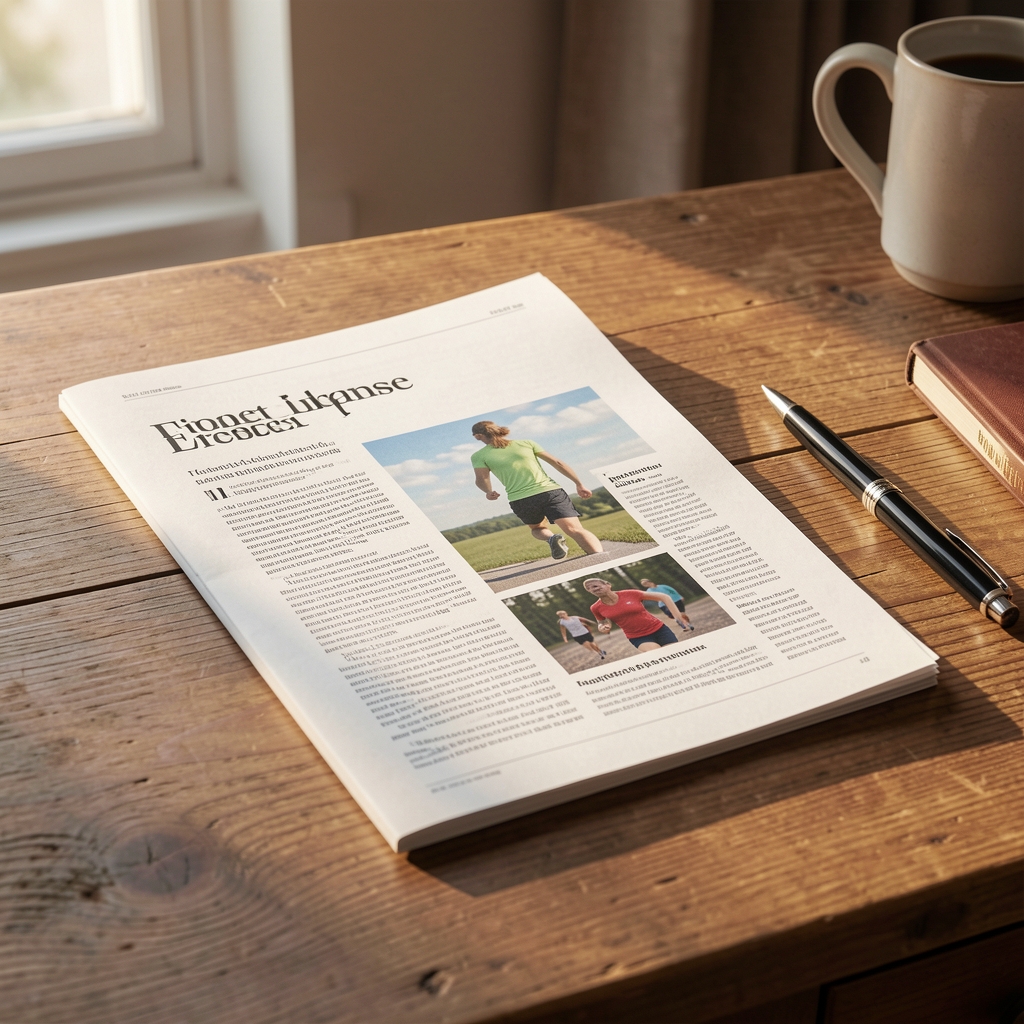 Editorial journal desk with printed endurance article, pen, and morning light