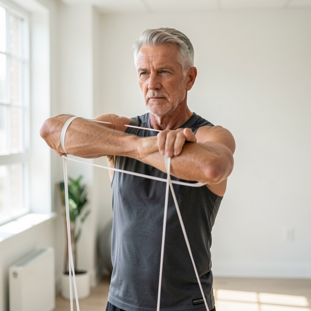 Mature athlete practicing shoulder mobility with a light resistance band in a bright room