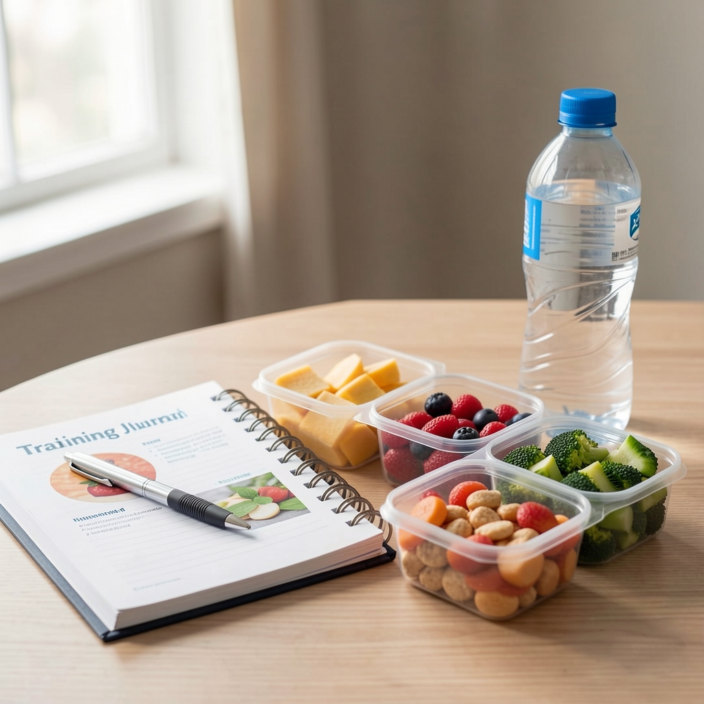Training nutrition journal beside a water bottle and neatly prepared snack containers