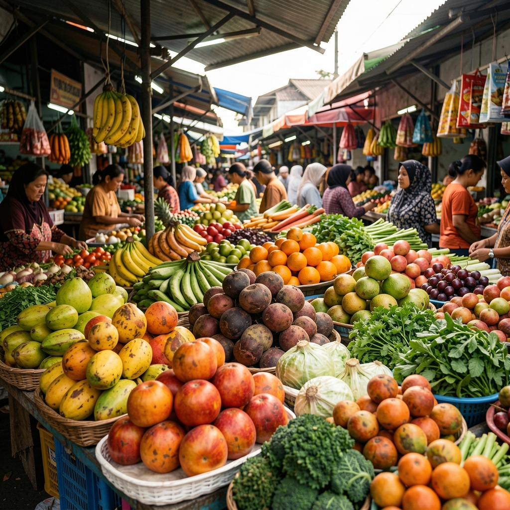 Jakarta market stall displaying colorful tropical fruit and fresh vegetables