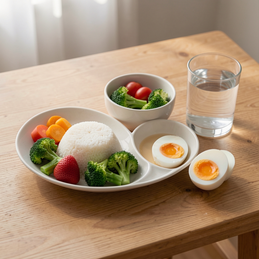 Balanced post-training meal with rice, vegetables, eggs, and water on a simple wooden table