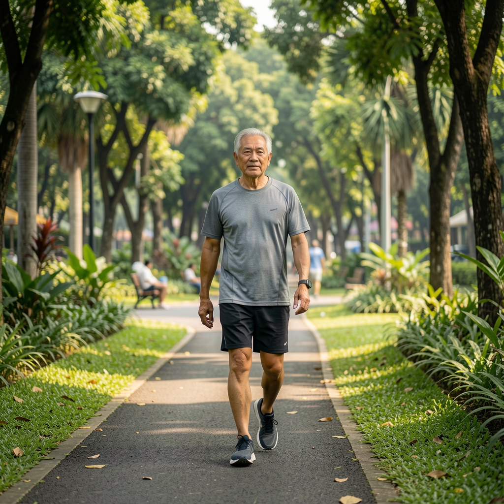 Older recreational athlete walking slowly through a green Jakarta park during recovery day