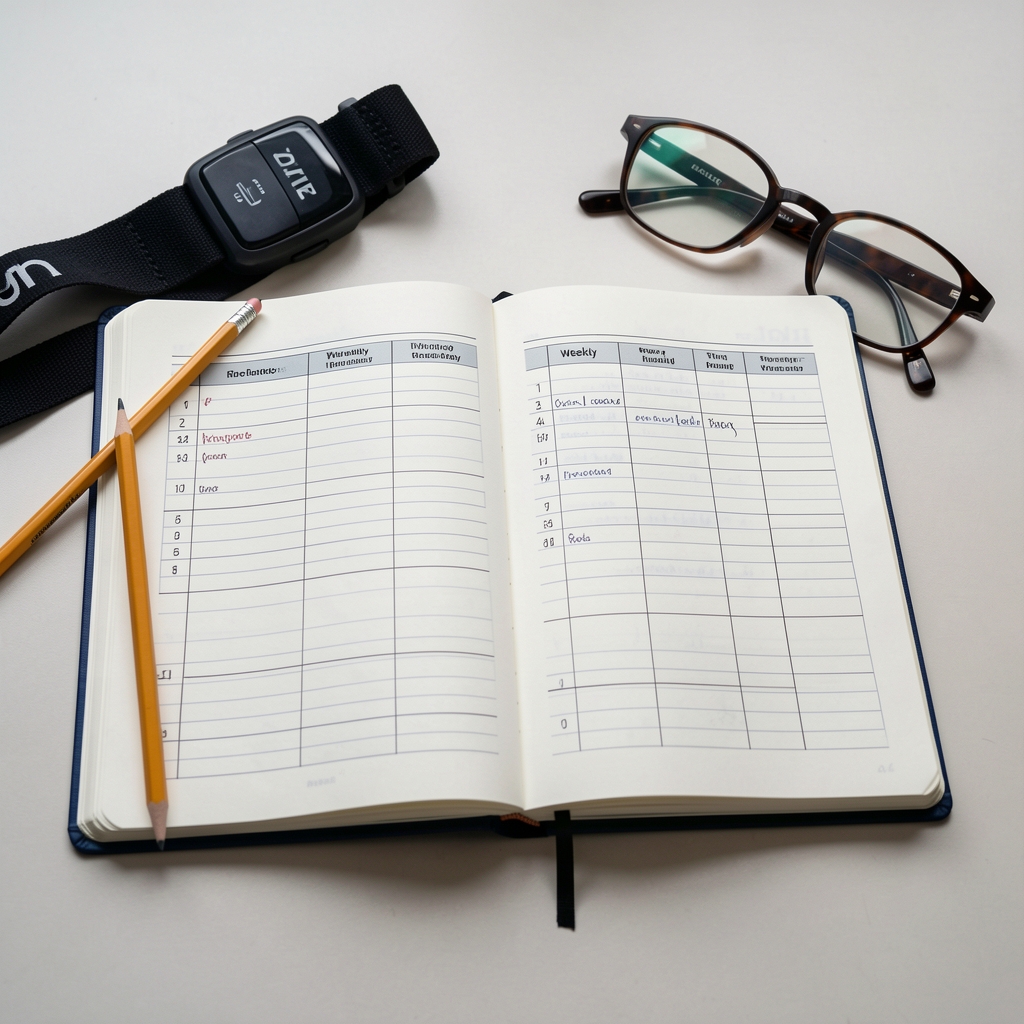 Open training notebook with weekly plan, pencil, heart rate strap, and reading glasses